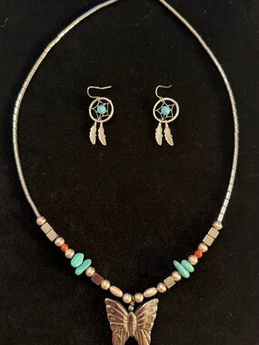 Native AmericanTurquoise Accent Butterfly Necklace & Dreamcatcher Earrings Set